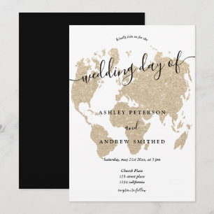 Invitation World map parties scintillant or clair chic script