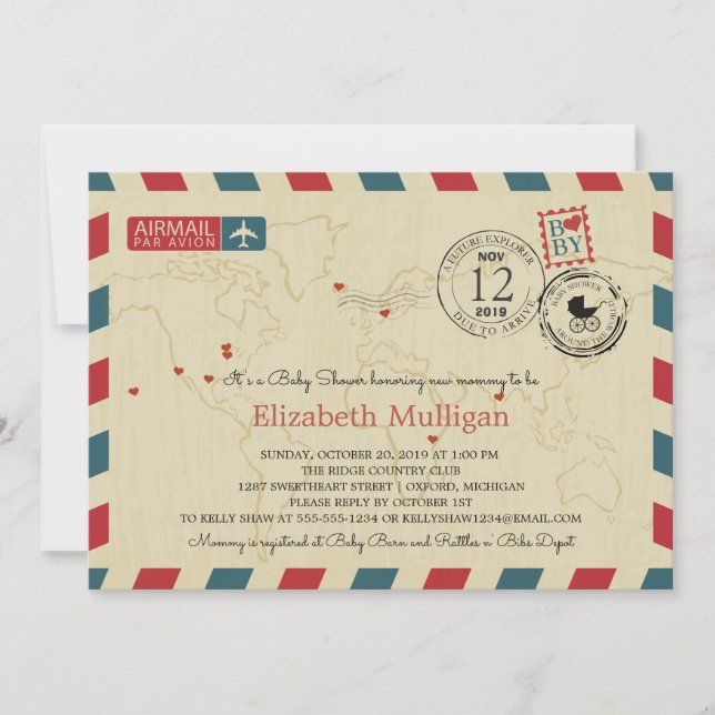 Invitation World Traveller Airmail | Baby shower (Devant)