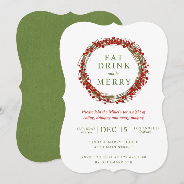 Invitation Wreath de Noël Mange Boire et sois Joyeuse fête (Devant / Derrière)