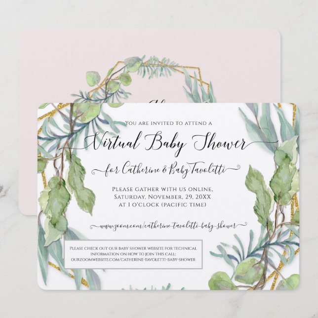 Invitation Wreath Eucalyptus Foliage Virtual Baby Girl Douche (Devant / Derrière)