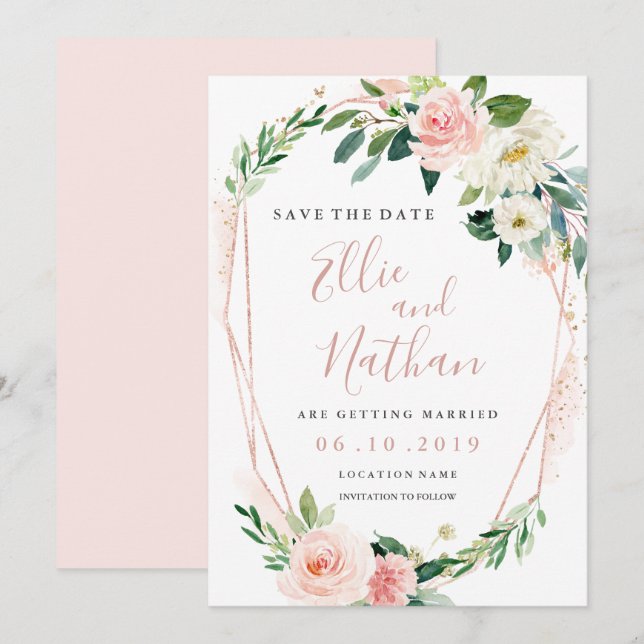 Invitation Wreath Floral Rose Or Moderne Enregistrer La Date (Devant / Derrière)