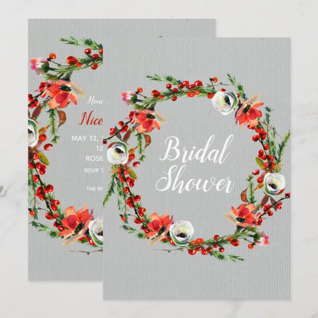 Invitation Wreath Florale hiver rustique Fête des mariées mod (Devant / Derrière)