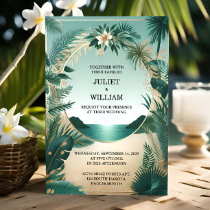 Invitation Wreath Palm Tree Beach Mariage Vert Et Or