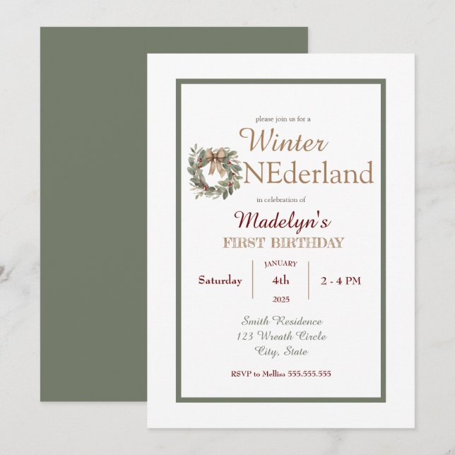 Invitation Wreath Winter ONE derland Enfants Premier annivers (Devant / Derrière)
