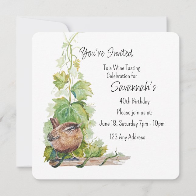 Invitation Wren Bird Vineyard Wine Tasting Birthday (Devant)