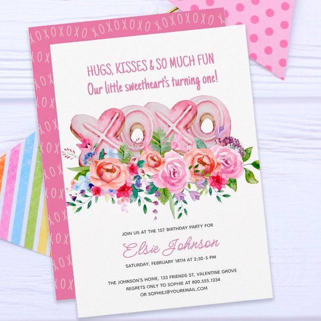 Invitation XOXO Cookies roses Vibrant Floral Girl 1er anniver (Créateur téléchargé)