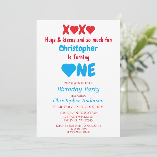 Invitation XOXO Embrasse et embrasse 1er anniversaire (Debout devant)