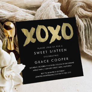 Invitation XOXO Faux Gold et Sweet sixteen noir