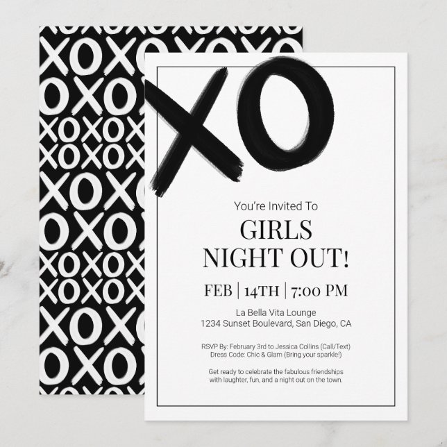 Invitation XOXO Girls Night Out Black Bestie Galentine Party (Devant / Derrière)