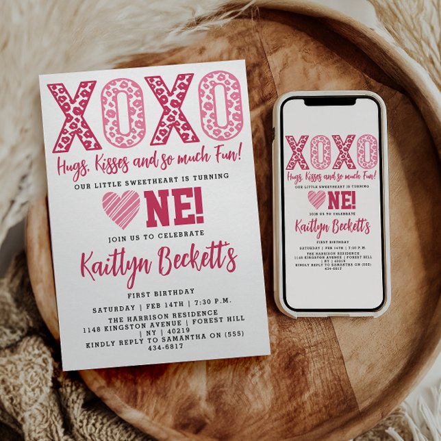 Invitation XOXO Hugs & Kisses Saint Valentin 1er anniversaire (Créateur téléchargé)