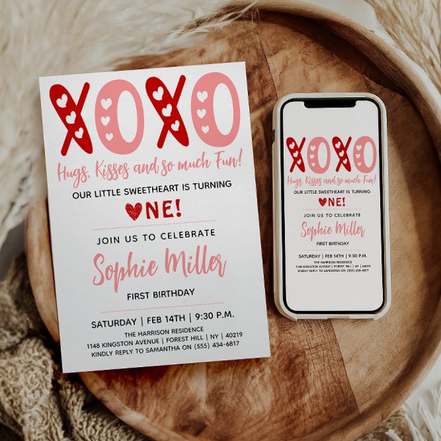 Invitation XOXO Hugs & Kisses Saint Valentin 1er anniversaire (Créateur téléchargé)