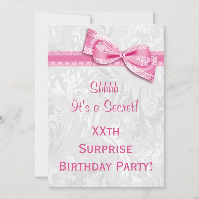 Invitation XXe SURPRISE Anniversaire Fête Damas & Pink Bow (Devant)