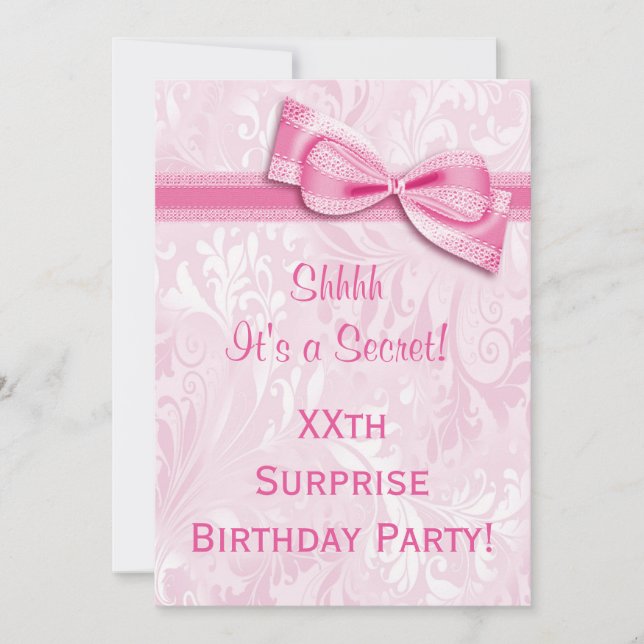 Invitation XXe SURPRISE Anniversaire fête Pink Damask et Bow (Devant)