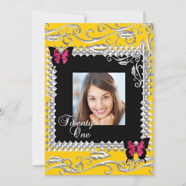 Invitation Y 21e fête d'anniversaire Papillons noirs roses (Devant)