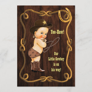 Invitation Yee-Haw ! Baby shower rustique Brunette Cowboy