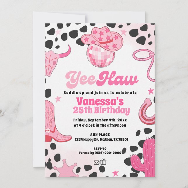 Invitation Yee Haw Disco Cowgirl Space Rodeo Country Birthday (Devant)
