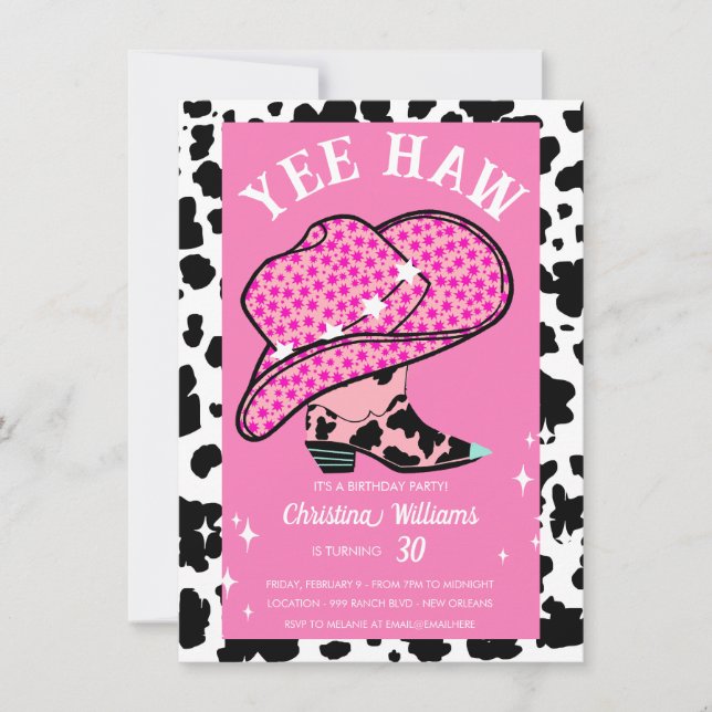Invitation Yee Haw Pink Cowgirl Rodeo 30e anniversaire (Devant)