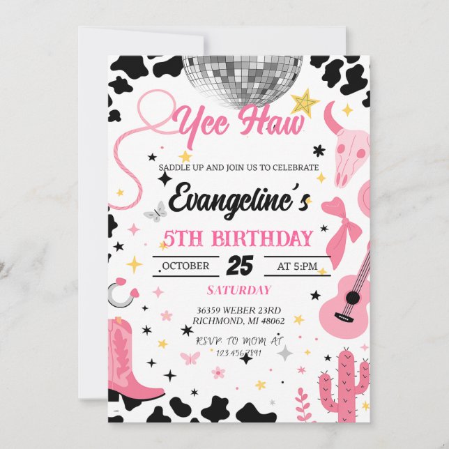 Invitation Yee Haw Pink Space Cowgirl Disco Rodéo Anniversair (Devant)