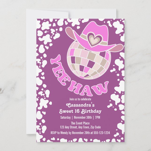 Invitation Yee Haw Purple Disco Cowgirl Rodeo Anniversaire (Devant)