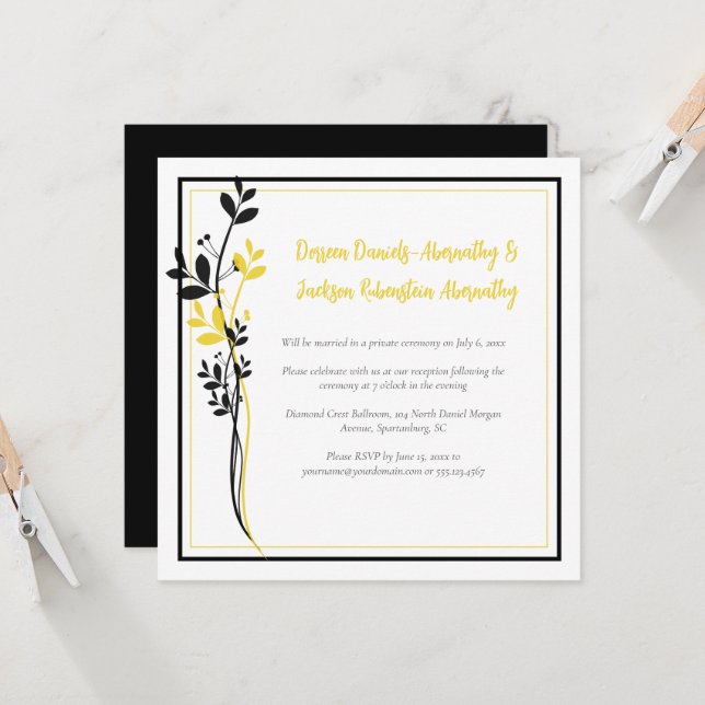Invitation Yellow and Black Floral Reception Only | (Devant/Arrière en situation)