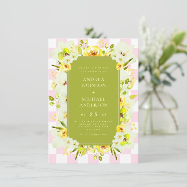 Invitation Yellow and Green Floral Checkered Wedding Invite (Debout devant)