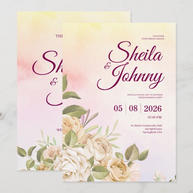 Invitation Yellow and Pink Watercolor Elegance Wedding (Devant / Derrière)