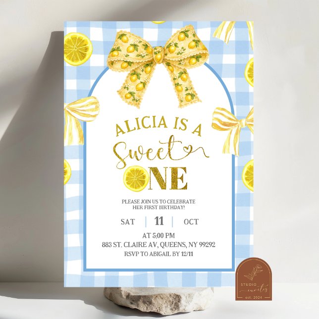 Invitation Yellow Bow Sweet 1 Lemon Blue and Yellow Birthday (Créateur téléchargé)