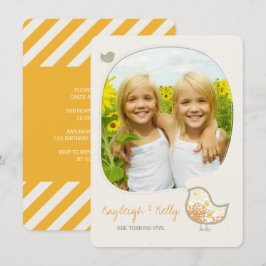Invitation Yellow Damask Bird Twin Girls Photo Anniversaire P