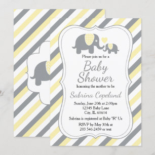 Invitation Yellow & Grey Stripes Elephant   BABY SHOWER
