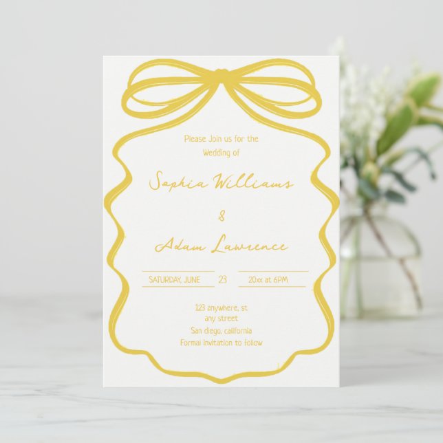 Invitation Yellow Hand Written Pinstripes Whimsical Wedding (Debout devant)