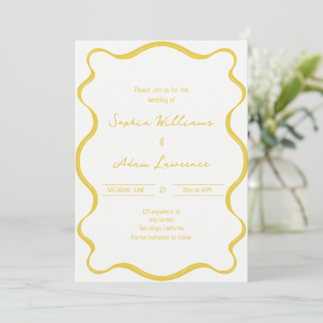 Invitation Yellow Hand Written Pinstripes Whimsical Wedding (Debout devant)