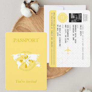 Invitation Yellow Passport Voyage Garçon Baby shower Monde Ca