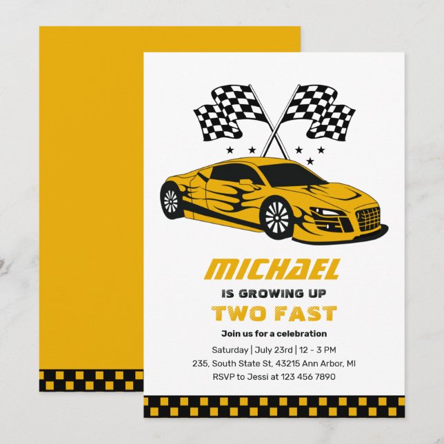 Invitation Yellow Race Car Two Fast Boys 2e anniversaire (Devant / Derrière)