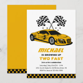 Invitation Yellow Race Car Two Fast Boys 2e anniversaire