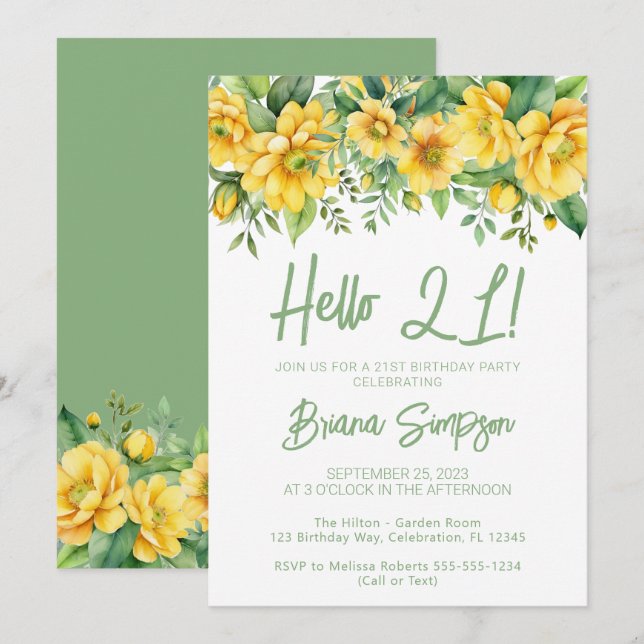 Invitation Yellow Sage Green Floral 21st Birthday Party (Devant / Derrière)