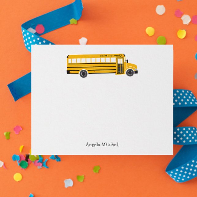 Invitation Yellow School Bus Personal Stationery (fun personalized yellow school bus flat note card stationery with custom name and route number)