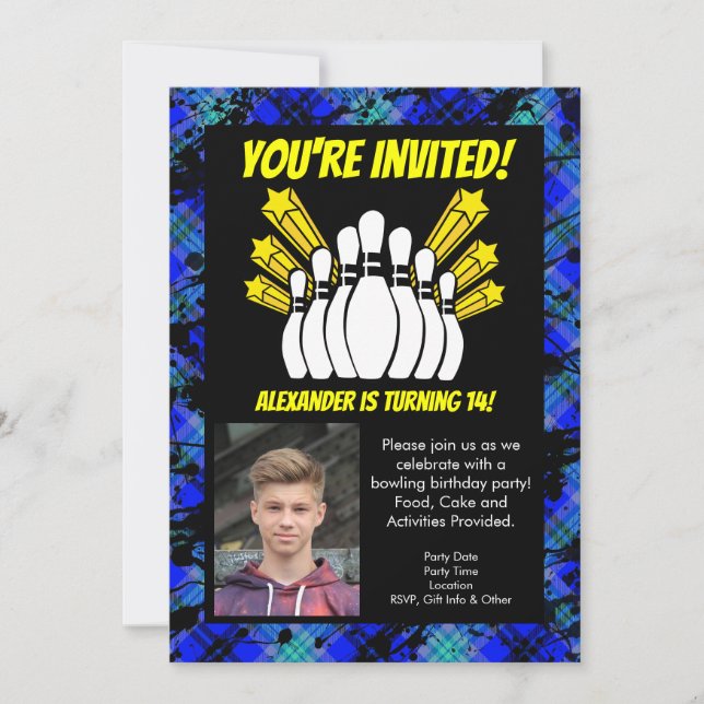Invitation Yellow Stars Photo Bowling Party Anniversaire (Devant)