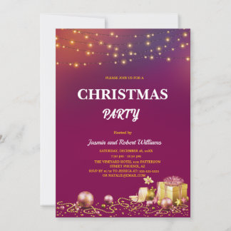 Invitation yellow String Lights Purple Christmas Party 