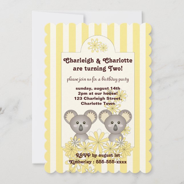 Invitation Yellow Stripe Cute Baby Koala Twin Anniversaire de (Devant)