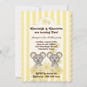 Invitation Yellow Stripe Cute Baby Koala Twin Anniversaire de