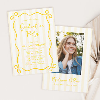 Invitation Yellow Stripes Bow Frame Graduation Party Photo