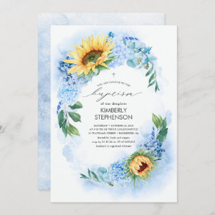 Invitation Yellow Sunflower and Dusty Blue Hydrangea Baptism
