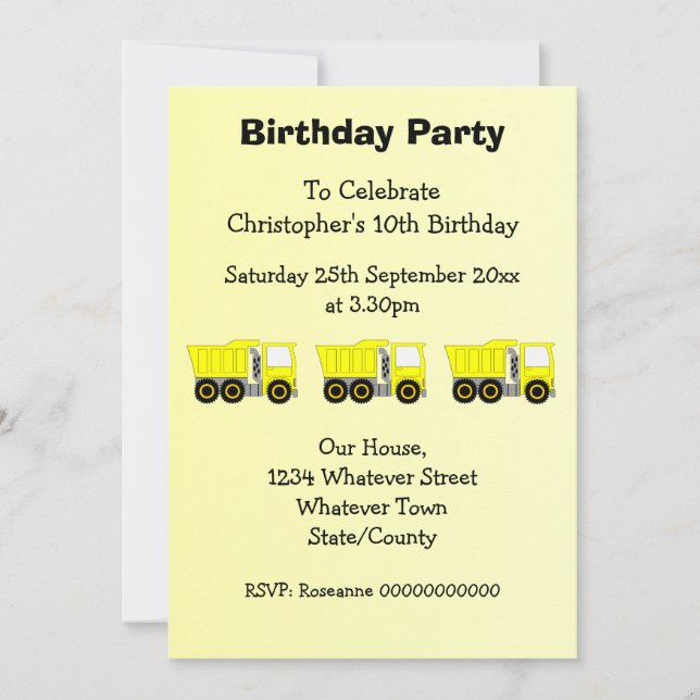 Invitation Yellow Truck Design Boy's Birthday Party (Devant)