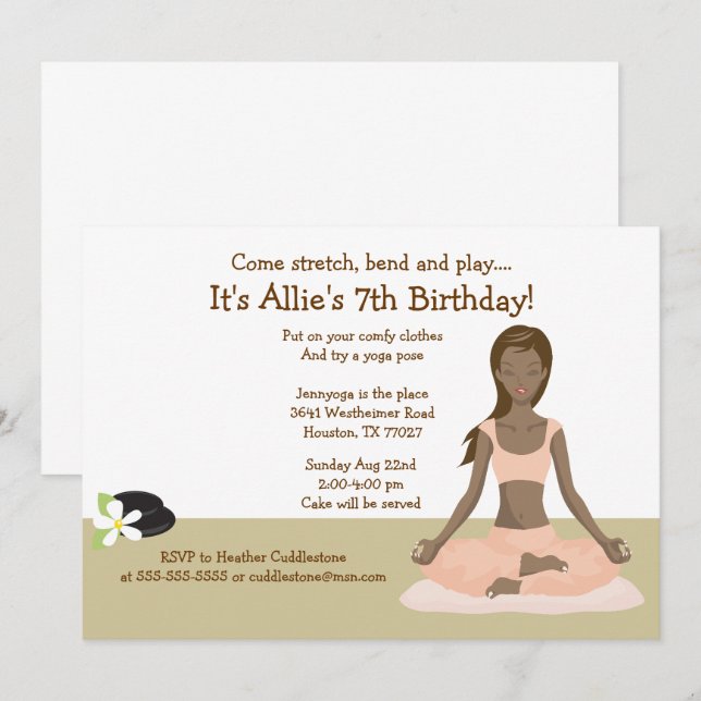 Invitation Yoga Fille fête d'anniversaire #3 (Devant / Derrière)