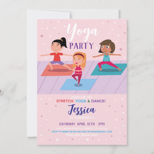 Invitation Yoga Filles de fête d'anniversaire Pink Stretch Tu (Devant)