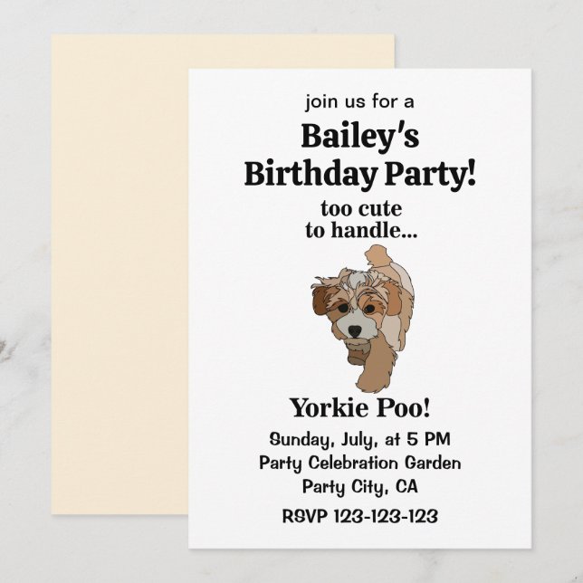 Invitation Yorkie Poo Yorkipoo mignonne Chien fête d'annivers (Devant / Derrière)