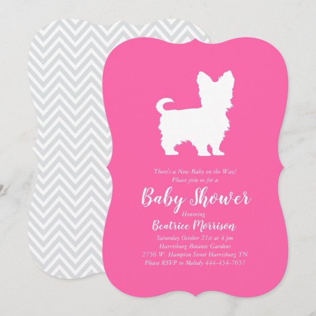 Invitation Yorkshire Terrier Chien Baby shower fille rose (Devant / Derrière)