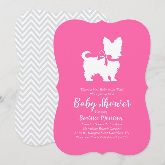 Invitation Yorkshire Terrier Chien Baby shower fille rose (Devant / Derrière)