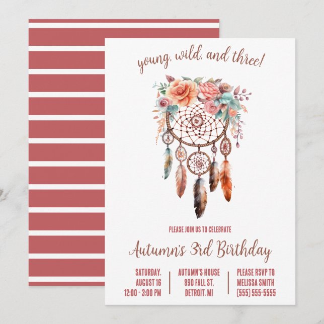 Invitation Young, Wild, & 3 ! Boho Dreamcatcher fête d'annive (Devant / Derrière)