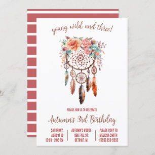 Invitation Young, Wild, & 3 ! Boho Dreamcatcher fête d'annive
